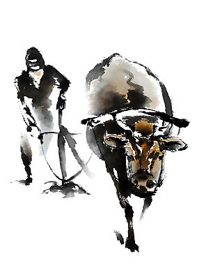 PSD 한마리 한국전통 남자 전통문화 일러스트 캘리그라피 한명 사람 농사 가축 소 농부 농기구 밭갈기 국내일러스트 동물 직업 1 전통 문화 농업 포유류 한국 파일형식