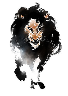 PSD 동물 한마리 일러스트 캘리그라피 사람없음 사자 먹 맹수 갈기 국내일러스트 1 포유류 서예 파일형식