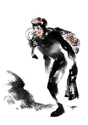 전신 PSD 여자 노년 할머니 일러스트 캘리그라피 한명 서기 사람 그물 물안경 오리발 잠수복 해녀 해녀복장 국내일러스트 직업 1 옷 모션 성인 수영용품 파일형식