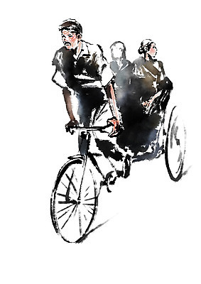 PSD 여자 남자 육상교통 교통수단 일러스트 캘리그라피 사람 앉기 성인 세명 인력거 인력거꾼 국내일러스트 교통 모션 파일형식