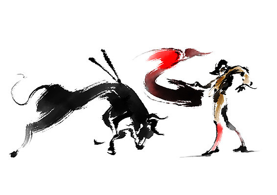 전신 PSD 한마리 남자 일러스트 캘리그라피 한명 서기 사람 성인 깃발 황소 투우 투우사 국내일러스트 직업 1 모션 소 파일형식