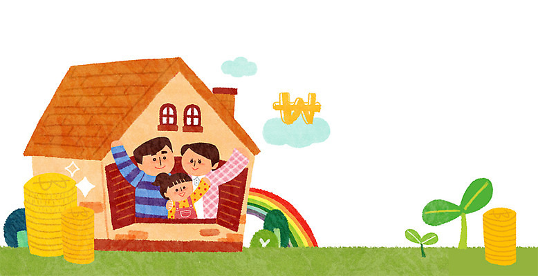 PSD 구름 여자 남자 어린이 무지개 일러스트 창문 주택 성인 세명 금융 경제 새싹 동전 원화 국내일러스트 자연요소 식물 돈 사람 건물 파일형식