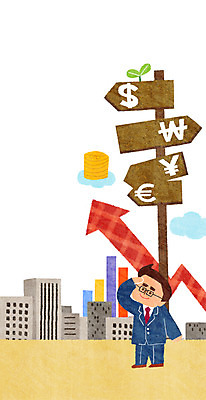 PSD 구름 남자 화살표 일러스트 한명 빌딩 성인 금융 경제 동전 표지판 화폐기호 국내일러스트 자연요소 1 기호 돈 알림판 사람 건물 화폐 파일형식