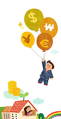 PSD 여자 남자 어린이 무지개 일러스트 주택 성인 세명 금융 경제 새싹 동전 비행 화폐기호 풍선 국내일러스트 자연요소 식물 기호 돈 사람 건물 화폐 파일형식