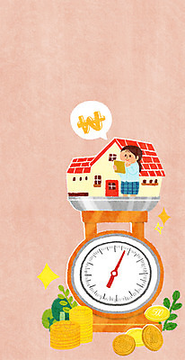 PSD 여자 일러스트 주택 저울 한명 성인 금융 경제 동전 원화 국내일러스트 1 돈 사람 건물 파일형식