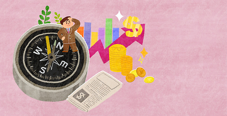 PSD 남자 화살표 일러스트 한명 성인 금융 경제 달러 동전 신문 나침반 막대그래프 국내일러스트 1 돈 그래프 사람 간행물 뉴스 파일형식