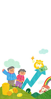 PSD 여자 노년 남자 화살표 지폐 일러스트 주택 성인 두명 금융 경제 노부부 동전 돈자루 국내일러스트 부부 돈 사람 건물 파일형식