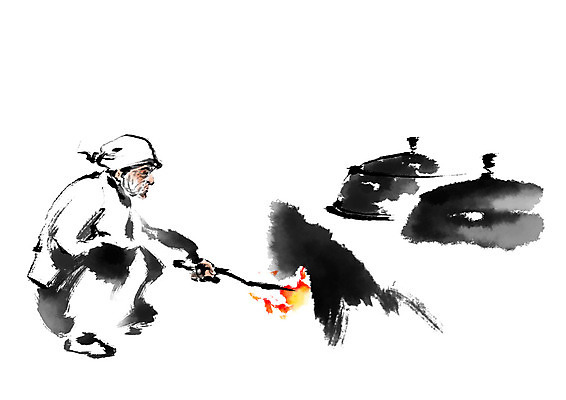 PSD 여자 노년 일러스트 캘리그라피 불 요리 한명 앉기 성인 요리사 꼬챙이 가마솥 아궁이 국내일러스트 자연요소 직업 1 모션 주방용품 사람 솥 파일형식