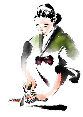 PSD 여자 일러스트 캘리그라피 요리 한명 상반신 성인 요리사 한복 식칼 칼질 채썰기 국내일러스트 직업 1 한국전통 모션 주방용품 사람 전통의상 자르기 파일형식