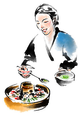 PSD 여자 한식 음식 일러스트 캘리그라피 요리 한명 상반신 성인 숟가락 요리사 한복 궁중음식 신선로 국내일러스트 직업 1 한국전통 수저 사람 전통음식 전통의상 파일형식