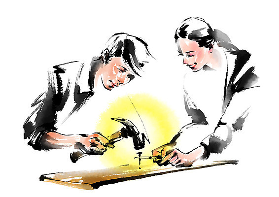 PSD 여자 남자 일러스트 캘리그라피 사람 상반신 성인 두명 목재 못 망치 공예 목공예 망치질 못질 국내일러스트 나무 재료 모션 취미 공구 파일형식