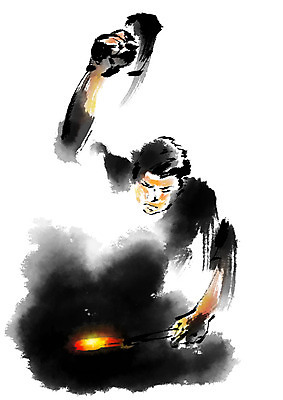 PSD 직업 남자 일러스트 캘리그라피 불 한명 사람 상반신 성인 망치 철 먹 대장장이 두드리기 국내일러스트 자연요소 1 모션 서예 공구 파일형식