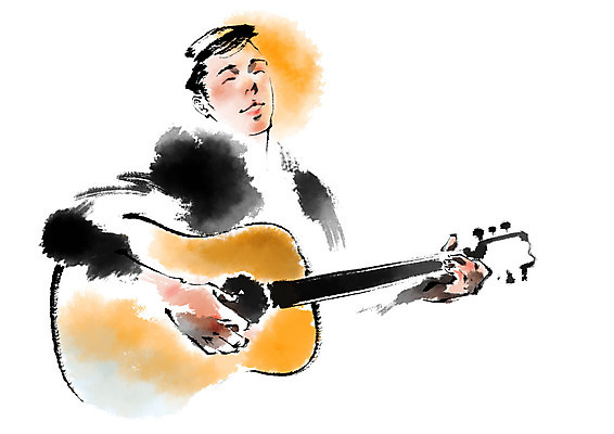 PSD 남자 음악 연주 일러스트 캘리그라피 한명 사람 상반신 성인 취미 기타 통기타 기타리스트 국내일러스트 1 현악기 문화예술 연주자 파일형식