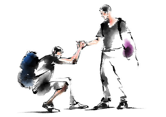 전신 PSD 남자 일러스트 캘리그라피 배낭 서기 사람 앉기 성인 두명 친구 손잡기 도움 배낭여행 국내일러스트 여행 컨셉 가방 관계 모션 파일형식