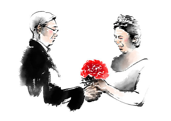 PSD 여자 노년 남자 부케 웨딩드레스 일러스트 캘리그라피 사람 정장 턱시도 상반신 두명 실버라이프 노부부 리마인드웨딩 국내일러스트 라이프스타일 부부 드레스 옷 꽃다발 결혼 성인 파일형식