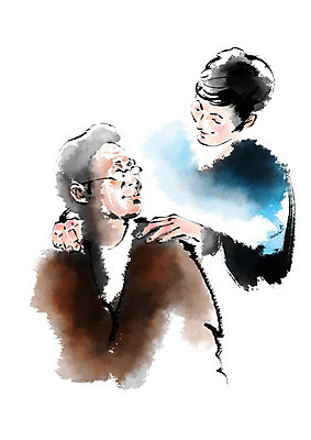 PSD 여자 노년 남자 안경 할머니 일러스트 캘리그라피 가족 손자 사람 상반신 두명 마주보기 어깨주무르기 국내일러스트 잡화 관계 모션 성인 손주 주무르기 파일형식