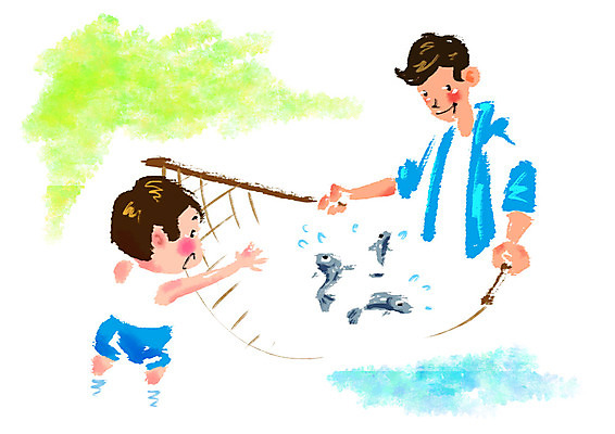 PSD 남자 아들 일러스트 캘리그라피 가족 어류 사람 소년 상반신 성인 두명 그물 개울 아빠 고기잡기 부자지간 국내일러스트 어린이 관계 강 수중동물 잡기 파일형식