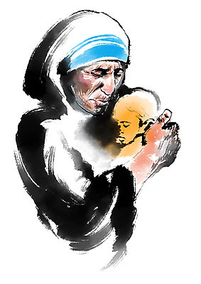 PSD 외국인 여자 일러스트 캘리그라피 안기 사람 상반신 성인 두명 아기 봉사 수녀 테레사 국내일러스트 모션 인종 천주교 도움 파일형식