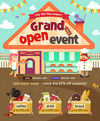 PSD 구름 템플릿 여자 남자 커피 웹템플릿 이벤트페이지 이벤트 성인 두명 쇼핑 상점 빵집 도넛 그라인더 제빵사 할인쿠폰 이미지템플릿 자연요소 직업 음료 디저트 사람 쿠폰 페이지 커피용품 파일형식