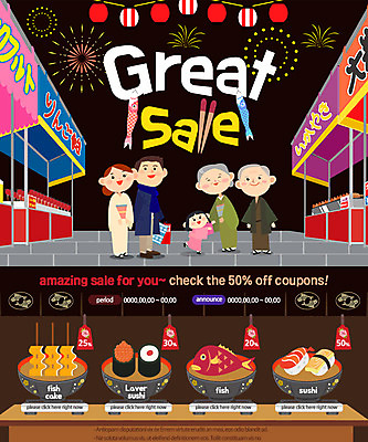 PSD 템플릿 여자 노년 남자 어린이 웹템플릿 이벤트페이지 이벤트 여러명 성인 쇼핑 상점 일본 축제 초밥 기모노 어묵꼬치 가판대 할인쿠폰 일본음식 이미지템플릿 아시아 음식 다수 사람 꼬치 어묵 일본전통의상 쿠폰 페이지 파일형식