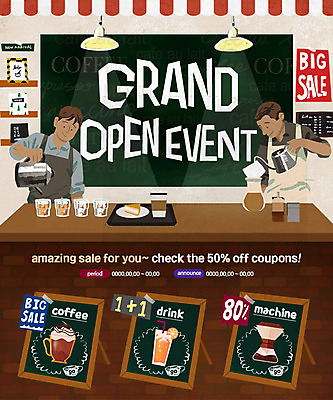 PSD 템플릿 남자 커피 웹템플릿 주전자 이벤트페이지 이벤트 성인 두명 쇼핑 상점 조각케이크 바리스타 드립커피 오픈행사 할인쿠폰 핸드드립 이미지템플릿 직업 음료 주방용품 사람 케이크 오픈 쿠폰 페이지 커피용품 파일형식