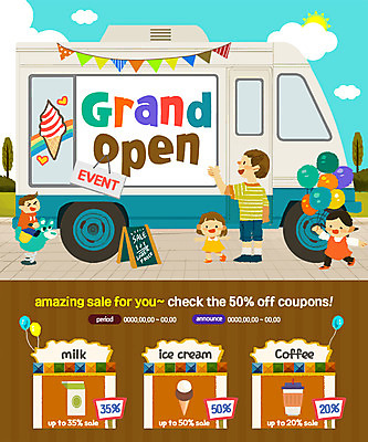 PSD 템플릿 여자 남자 어린이 웹템플릿 아이스크림 이벤트페이지 이벤트 여러명 성인 쇼핑 상점 우유 풍선 아이스크림콘 아이스크림차 할인쿠폰 이미지템플릿 다수 디저트 유제품 사람 쿠폰 콘 페이지 특수차량 아이스크림장사 파일형식
