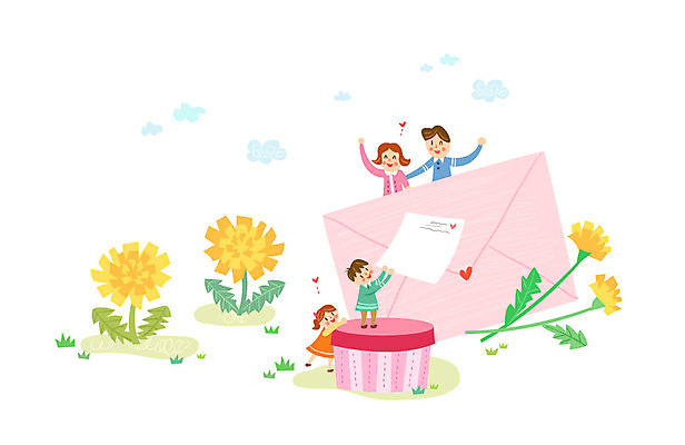 여자 남자 어린이 일러스트 가정 가족 편지봉투 여러명 성인 민들레 소인국 국내일러스트 AI파일 꽃 다수 관계 봉투 사람 편지 파일형식 벡터