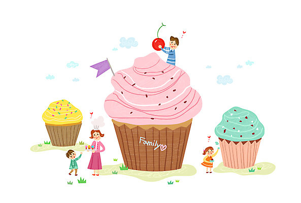 여자 남자 어린이 일러스트 가정 가족 여러명 성인 체리 컵케이크 소인국 국내일러스트 AI파일 다수 과일 관계 사람 케이크 파일형식 벡터