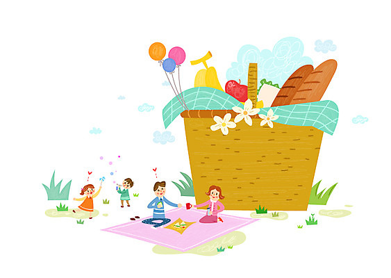 여자 남자 어린이 빵 과일 일러스트 가정 가족 여러명 성인 소풍 돗자리 풍선 피크닉용품 소인국 국내일러스트 AI파일 음식 다수 관계 사람 야외활동 파일형식 벡터