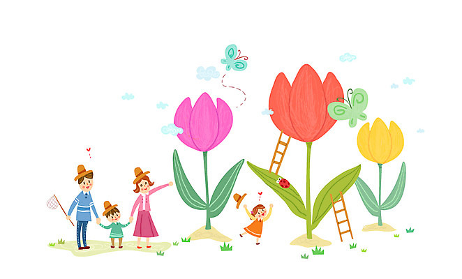 여자 남자 어린이 나비 일러스트 사다리 가정 가족 여러명 성인 소풍 튤립 무당벌레 채집망 소인국 국내일러스트 AI파일 꽃 다수 곤충 관계 사람 야외활동 도구 파일형식 벡터