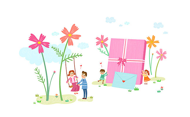 여자 남자 어린이 일러스트 가정 가족 편지봉투 여러명 성인 선물상자 그네 코스모스 소인국 국내일러스트 AI파일 꽃 다수 관계 봉투 선물 사람 상자 편지 파일형식 벡터