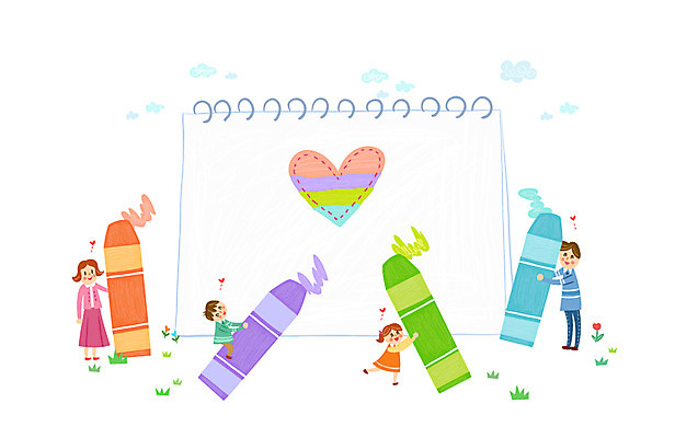 여자 남자 어린이 일러스트 가정 가족 여러명 성인 하트 스케치북 크레파스 소인국 국내일러스트 AI파일 모양 다수 관계 학용품 사람 파일형식 벡터