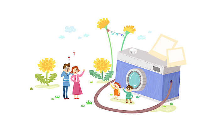 여자 남자 어린이 일러스트 가정 가족 여러명 성인 카메라 사진촬영 민들레 소인국 국내일러스트 AI파일 꽃 다수 관계 사람 전자제품 촬영 파일형식 벡터