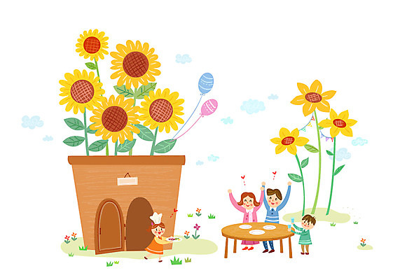 접시 여자 남자 화분 어린이 일러스트 가정 가족 식탁 해바라기 여러명 성인 풍선 소인국 국내일러스트 AI파일 식기 꽃 다수 관계 탁자 사람 파일형식 벡터