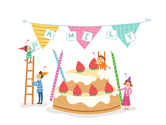 여자 남자 어린이 일러스트 초 사다리 가정 가족 딸기 여러명 성인 케이크 고깔모자 가랜드 소인국 국내일러스트 AI파일 모자_잡화 다수 과일 관계 디저트 사람 도구 파티용품 파일형식 벡터