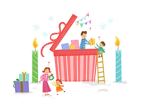 여자 남자 어린이 크리스마스 일러스트 초 사다리 가정 가족 여러명 성인 선물상자 눈송이 가랜드 소인국 크리스마스리스 국내일러스트 AI파일 기념일 다수 관계 눈_날씨 선물 사람 상자 화환 도구 파티용품 파일형식 벡터