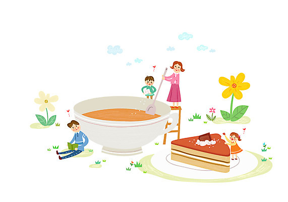 여자 남자 꽃 어린이 일러스트 사다리 가정 가족 여러명 성인 책 독서 케이크 찻잔 티스푼 소인국 국내일러스트 AI파일 식물 다수 관계 디저트 잔 사람 숟가락 도구 파일형식 벡터