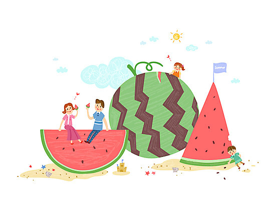 여자 남자 어린이 일러스트 가정 가족 여름음식 수박 여러명 성인 해변 여름 깃발 모래성 소인국 제철음식 제철과일 국내일러스트 AI파일 계절 음식 모래 바다 다수 과일 관계 사람 제철 파일형식 벡터 여름_계절