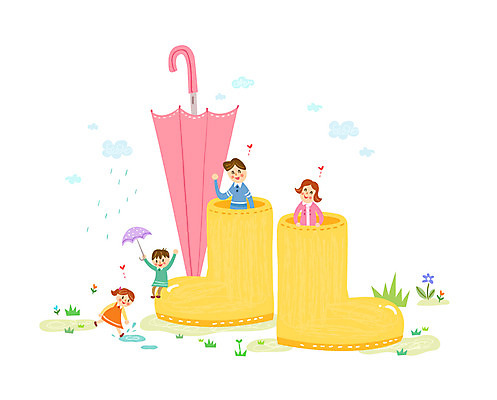 여자 남자 어린이 일러스트 우산 가정 가족 장화 여러명 성인 봄비 비 소인국 국내일러스트 AI파일 자연요소 다수 신발 관계 날씨 사람 봄 비_날씨 파일형식 벡터