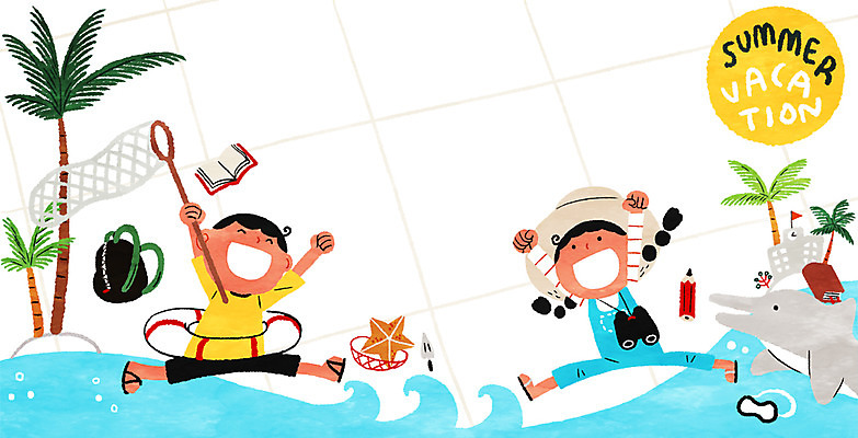 PSD 여자 남자 어린이 일러스트 학교 불가사리 책가방 여름방학 두명 책 여름 야자수 연필 망원경 돌고래 튜브 채집망 국내일러스트 나무 계절 교육 가방 포유류 방학 학용품 극피동물 사람 필기구 수중동물 파일형식 여름_계절