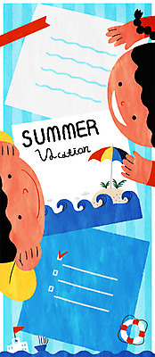 PSD 여자 남자 어린이 파도 바다 일러스트 학교 여름방학 두명 여름 파라솔 튜브 체크리스트 국내일러스트 계절 교육 방학 사람 파일형식 여름_계절