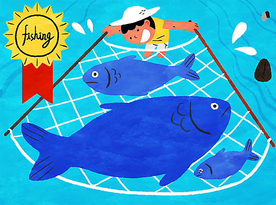 PSD 남자 어린이 일러스트 낚시 여름방학 어류 한명 여름 그물 개울 국내일러스트 1 계절 레저 방학 사람 강 수중동물 파일형식 여름_계절