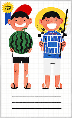 PSD 여자 남자 어린이 일러스트 여름음식 수박 여름방학 두명 여름 밀짚모자 채집망 제철음식 제철과일 국내일러스트 모자_잡화 계절 음식 과일 방학 사람 제철 파일형식 여름_계절