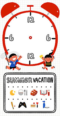 PSD 여자 남자 어린이 빵 일러스트 밥 여름방학 두명 책 여름 연필 자명종 야구방망이 조각케이크 야구공 채집망 국내일러스트 계절 음식 시계 공 방학 학용품 사람 필기구 케이크 알람 야구용품 파일형식 여름_계절