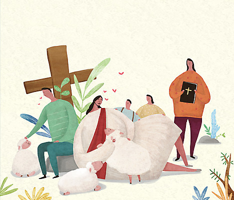 PSD 여자 남자 기독교 어린이 십자가 일러스트 가족 여러명 성인 성경 양 풀잎 예수 국내일러스트 종교 다수 잎 종교용품 포유류 관계 사람 풀_식물 신_종교 파일형식