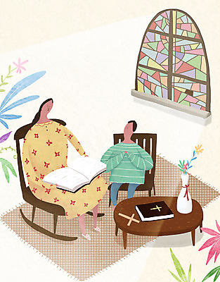 PSD 여자 남자 기독교 어린이 십자가 의자 일러스트 가족 탁자 성인 두명 성경 기도 풀잎 스테인드글라스 다화병 국내일러스트 종교 가구 잎 종교용품 관계 유리 사람 꽃병 풀_식물 파일형식