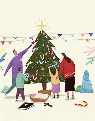 PSD 여자 남자 기독교 어린이 십자가 크리스마스 일러스트 가족 여러명 성인 크리스마스트리 성경 아기 풀잎 아기예수 크리스마스지팡이 국내일러스트 기념일 종교 다수 잎 종교용품 관계 지팡이 사람 풀_식물 예수 파일형식