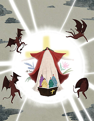 PSD 여자 남자 기독교 어린이 십자가 일러스트 가족 여러명 성인 빛 성경 풀잎 예수 보호 악마 먹구름 국내일러스트 종교 다수 컨셉 잎 종교용품 관계 사람 풀_식물 신_종교 파일형식 구름_자연