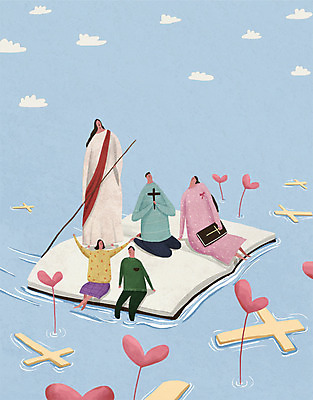 PSD 구름 여자 남자 기독교 어린이 십자가 일러스트 가족 여러명 성인 강 성경 풀잎 예수 노 국내일러스트 자연요소 종교 다수 잎 종교용품 관계 사람 풀_식물 신_종교 선박 파일형식