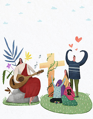 PSD 여자 남자 기독교 어린이 십자가 연주 음표 일러스트 가족 여러명 성인 성경 기타 하트 풀잎 예수 국내일러스트 모양 기호 종교 음악 다수 잎 종교용품 관계 현악기 사람 풀_식물 신_종교 파일형식